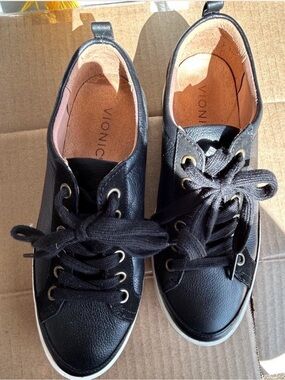Vionic Black Leather Lace-Up Sneakers with White Soles